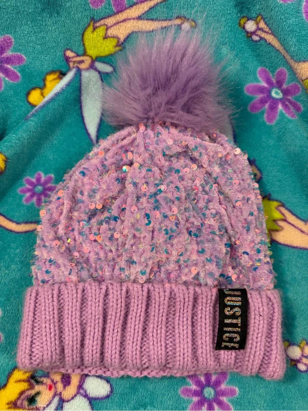 Justice Purple Glitter Pom Pom Beanie Tween Nostalgia Fairycore Hat